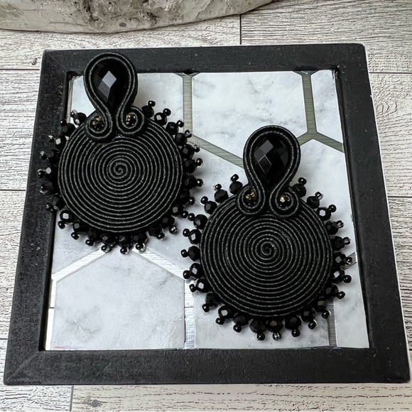 Black Elegant Round Dangle Earrings - Evening Glam Soutache Earrings - Picture 4 of 8